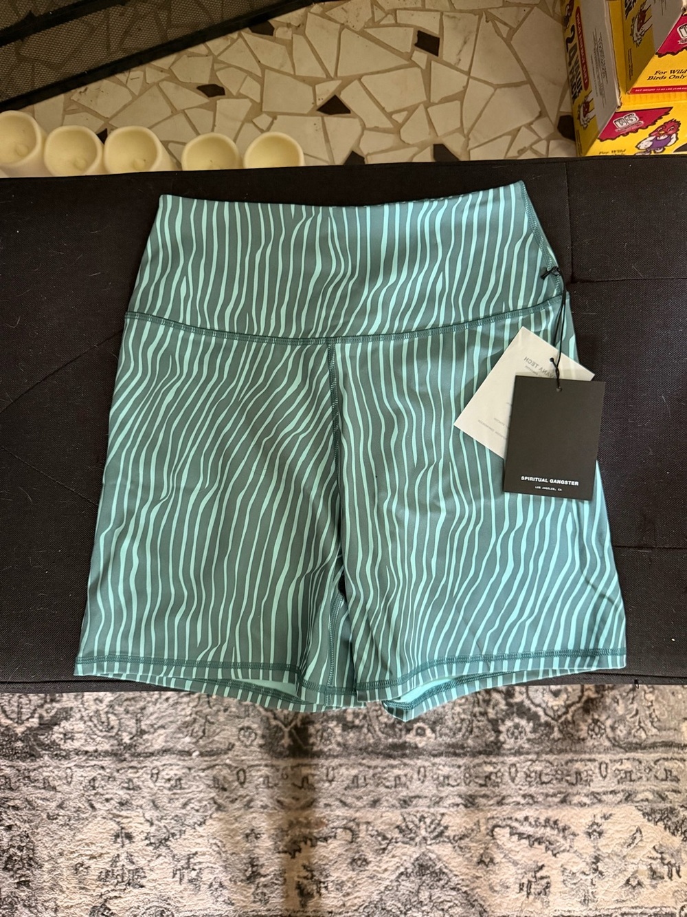 Spiritual Gangster Teal & White Striped Athletic Shorts